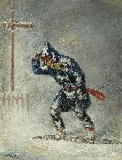 Cornelius Krieghoff 'Snowshoeing Home in a Blizzard' oil painting